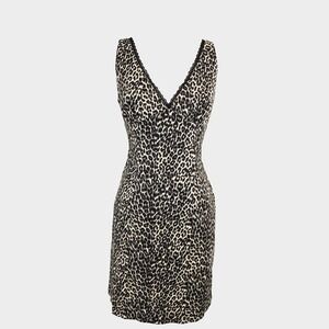 VTG 90s Y2K My Michelle Dress 7 Animal Print Twill V Neck Black Lace Trim USA